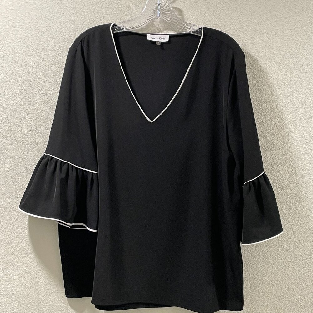 CALVIN KLEIN Ruffle Bell 3/4 Sleeve Oversize Blouse Black/White Women XL
